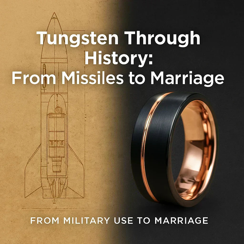 Black brushed tungsten carbide band with a rose gold stripe, standing up right next to missle blueprint image with the text overlay on a black and goldish gradient background.