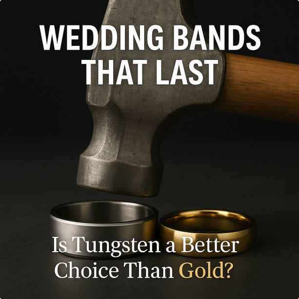 A hammer about to strike down on a tungsten carbide ring with the text over lay "Wedding Bands That Last, Is Tungsten A Better Choice Than Gold?"