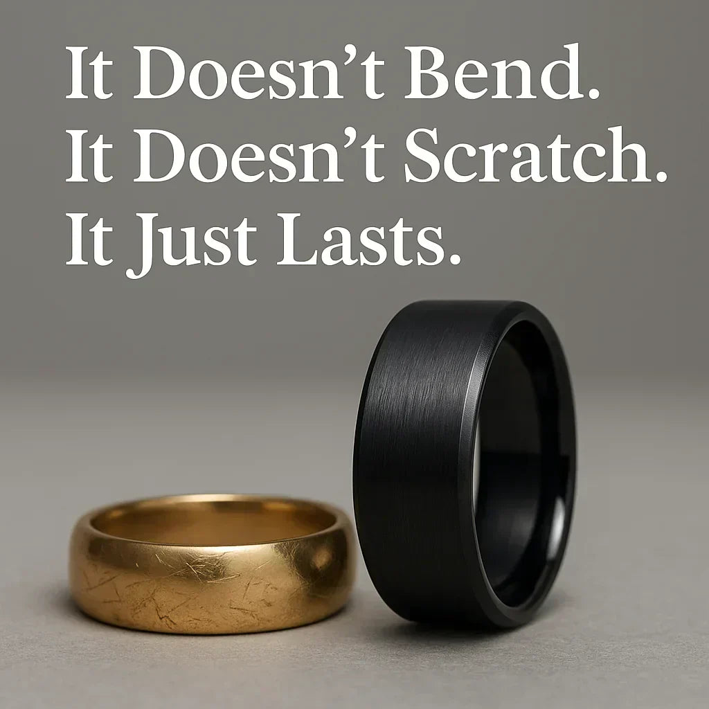 Black brushed tungsten carbide wedding band next to a cracking gold ring with text overlay