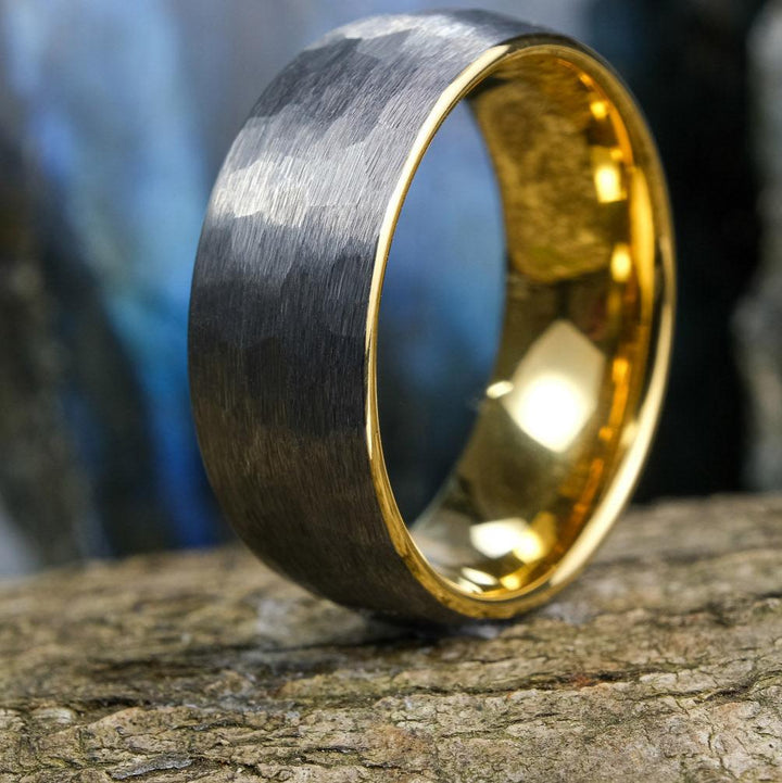 Hammered Silver Band / Yellow Gold Interior - 8mm