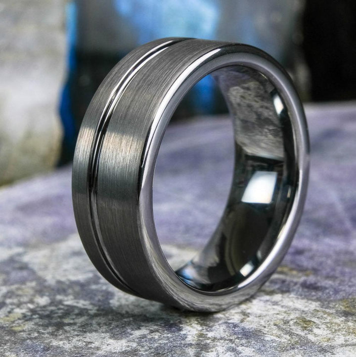 Elegant Brushed Silver Band with Stripe - 8mm