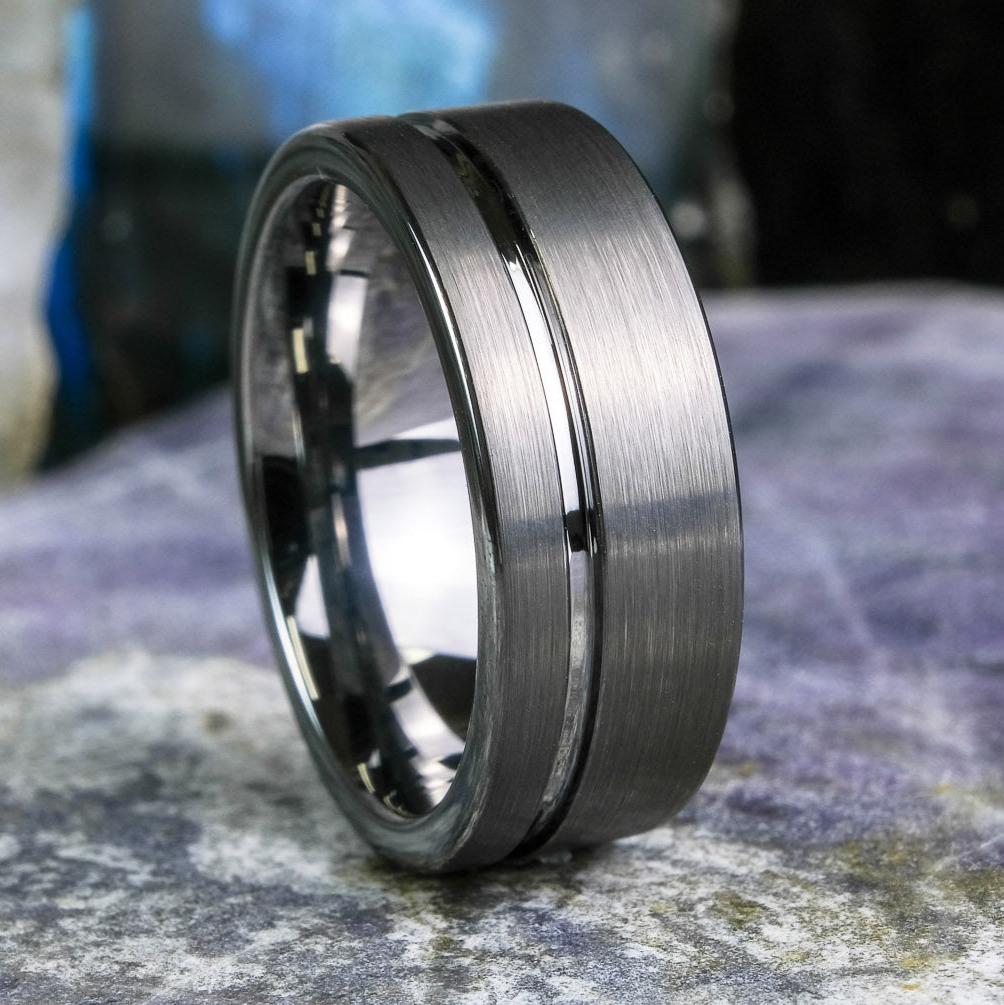 Elegant Brushed Silver Band with Stripe - 8mm