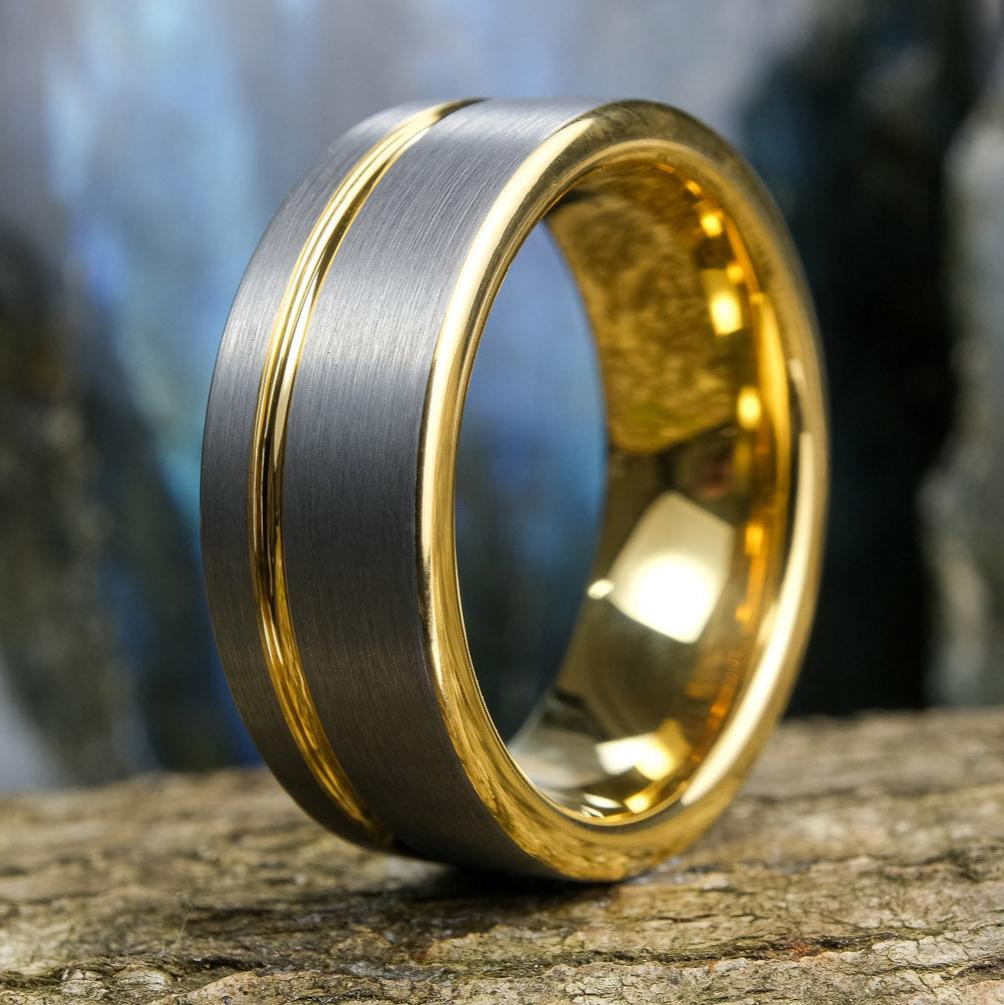 Silver Brushed - Yellow Gold Stripe & Interior - 8mm
