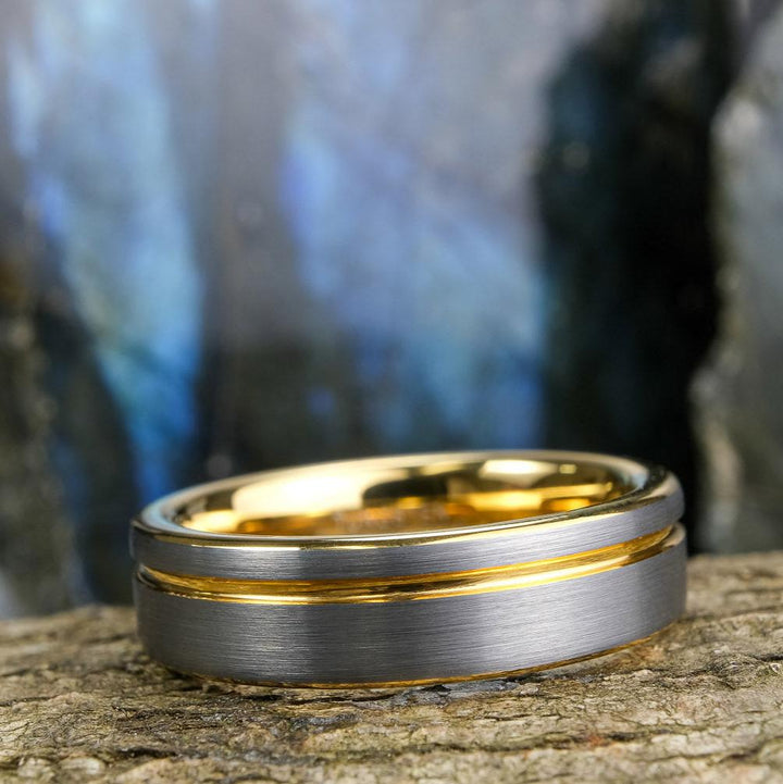 Silver Brushed - Yellow Gold Stripe & Interior - 6mm