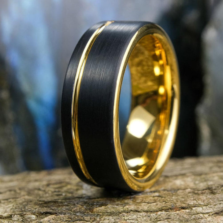 Black Brushed / Yellow Gold Stripe & Interior - 8mm