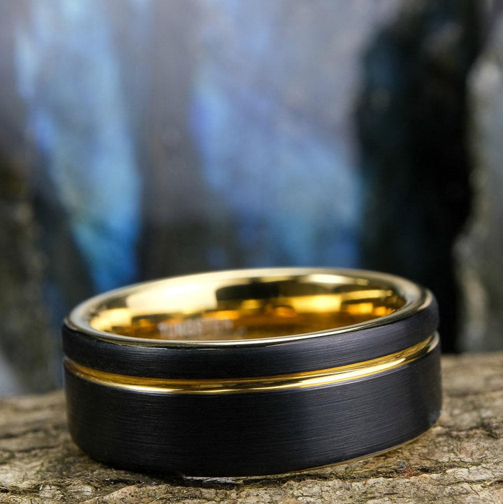 Black Brushed / Yellow Gold Stripe & Interior - 8mm
