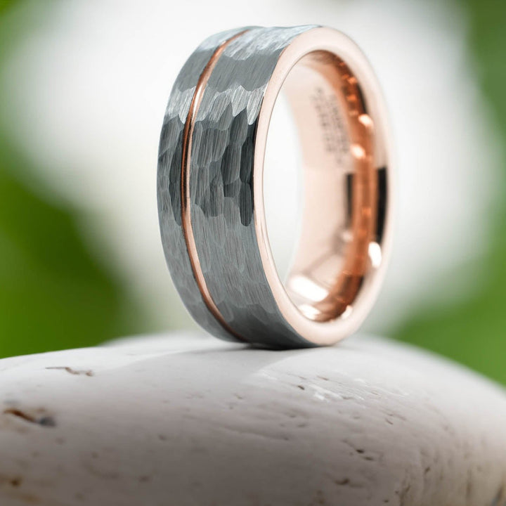 Hammered Silver Band / Rose Gold Stripe - 8mm