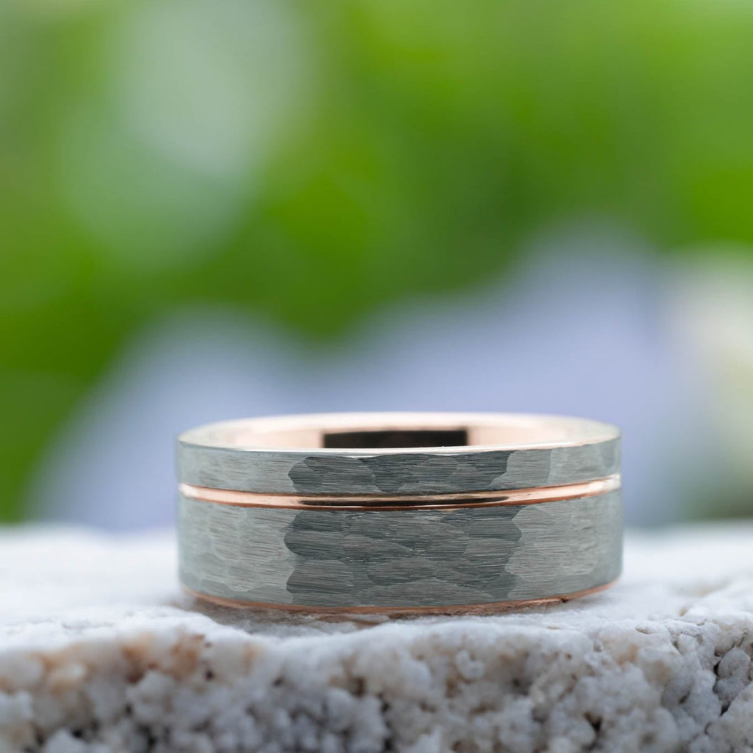Hammered Silver Band / Rose Gold Stripe - 8mm