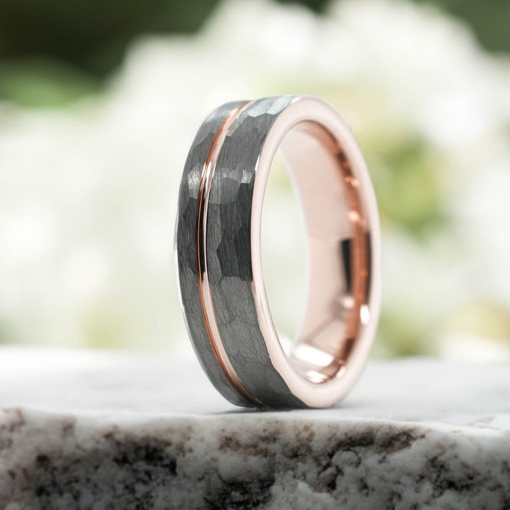 Hammered Silver Band / Rose Gold Stripe - 6mm