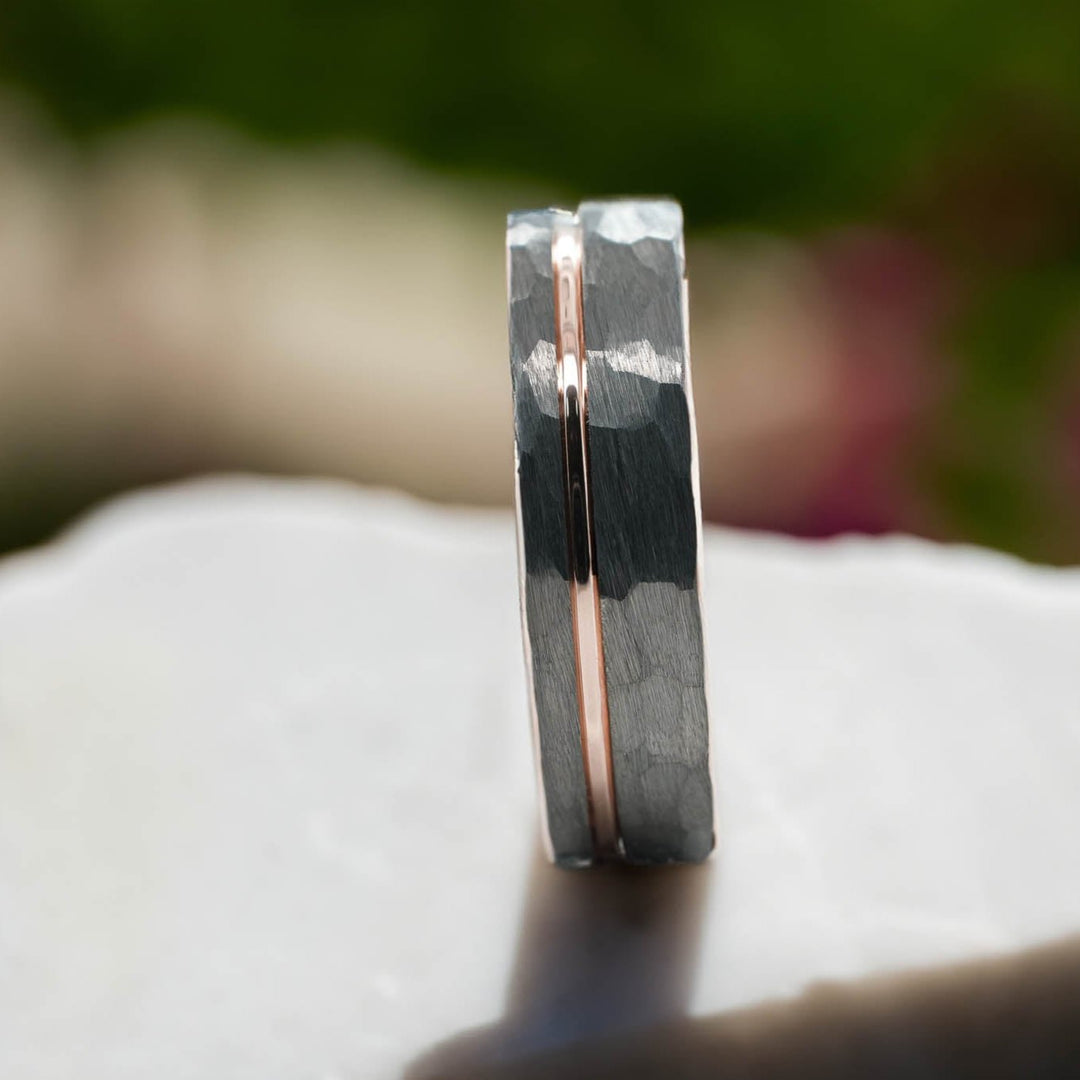 Hammered Silver Band / Rose Gold Stripe - 6mm