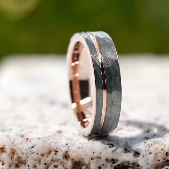 Hammered Silver Band / Rose Gold Stripe - 6mm