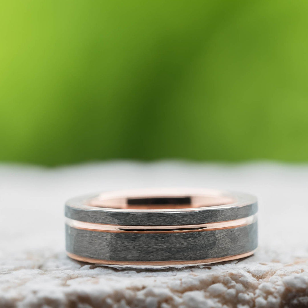 Hammered Silver Band / Rose Gold Stripe - 6mm