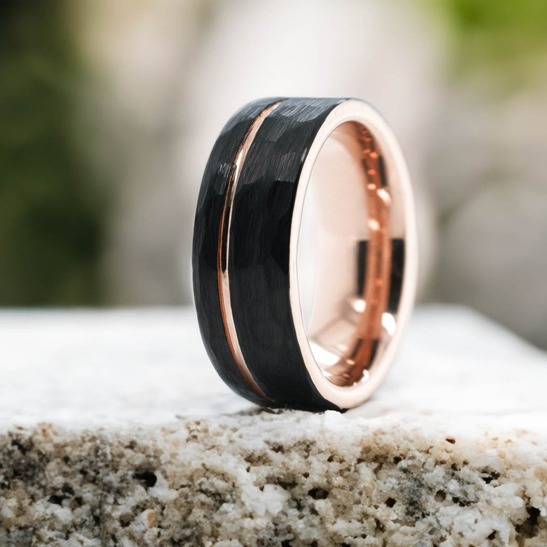 Hammered Black Band / Rose Gold Stripe - 8mm