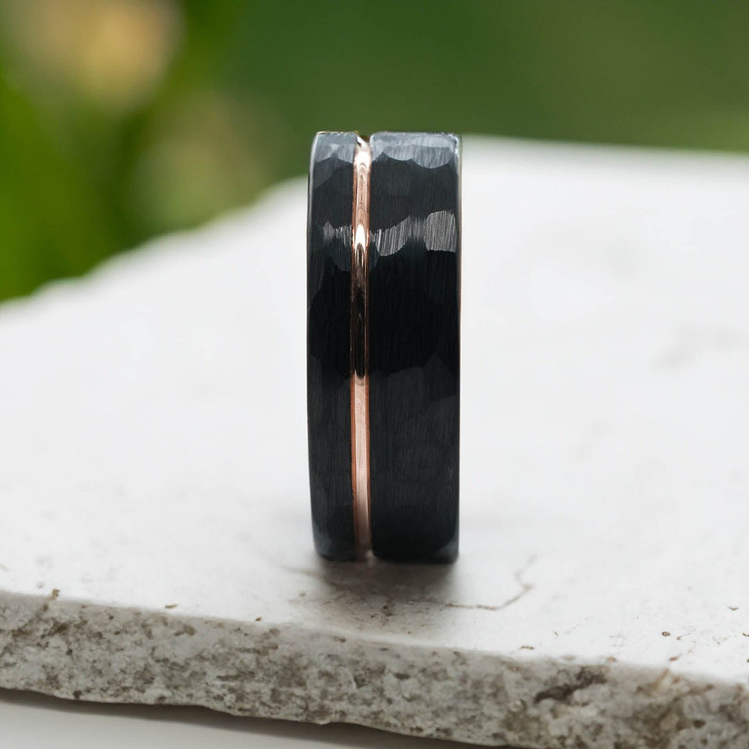 Hammered Black Band / Rose Gold Stripe - 8mm