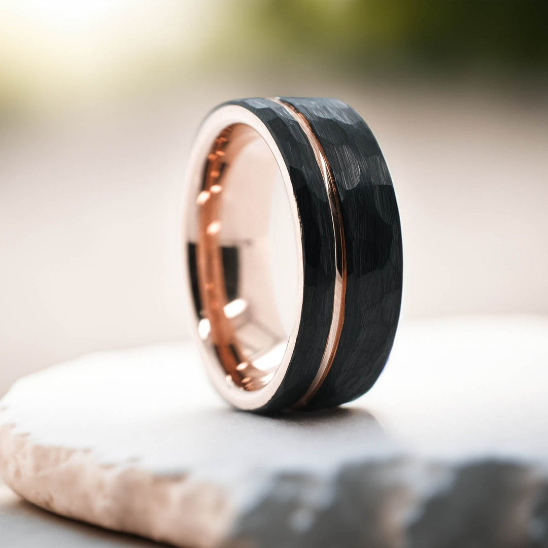 Hammered Black Band / Rose Gold Stripe - 8mm
