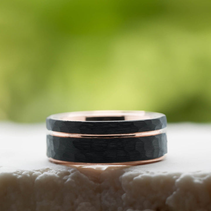 Hammered Black Band / Rose Gold Stripe - 8mm