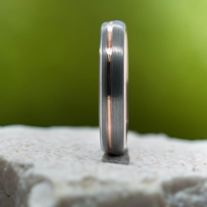 Rounded Silver Brushed Band / Rose Gold Stripe - 4mm