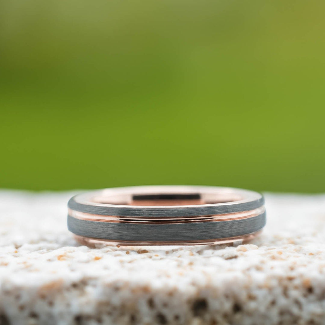 Rounded Silver Brushed Band / Rose Gold Stripe - 4mm