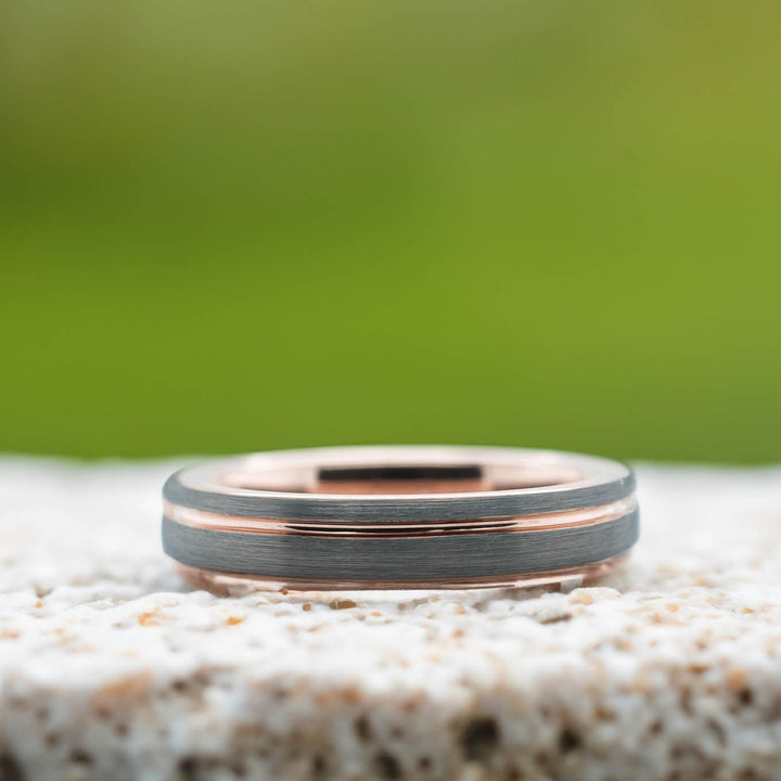 Rounded Silver Brushed Band / Rose Gold Stripe - 4mm