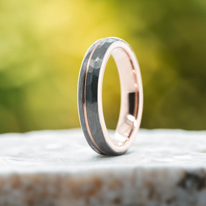 Rounded Hammered Silver Band / Rose Gold Stripe - 4mm