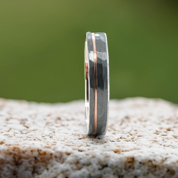 Rounded Hammered Silver Band / Rose Gold Stripe - 4mm