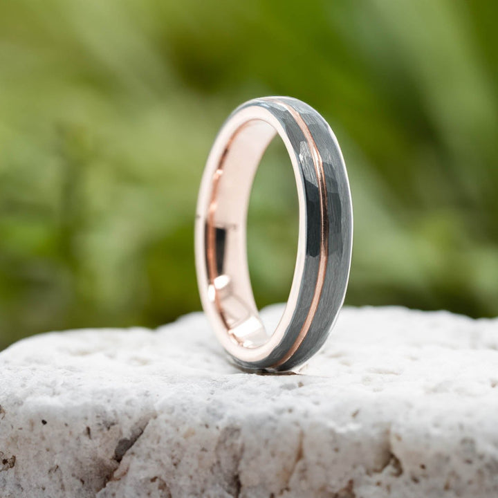 Rounded Hammered Silver Band / Rose Gold Stripe - 4mm