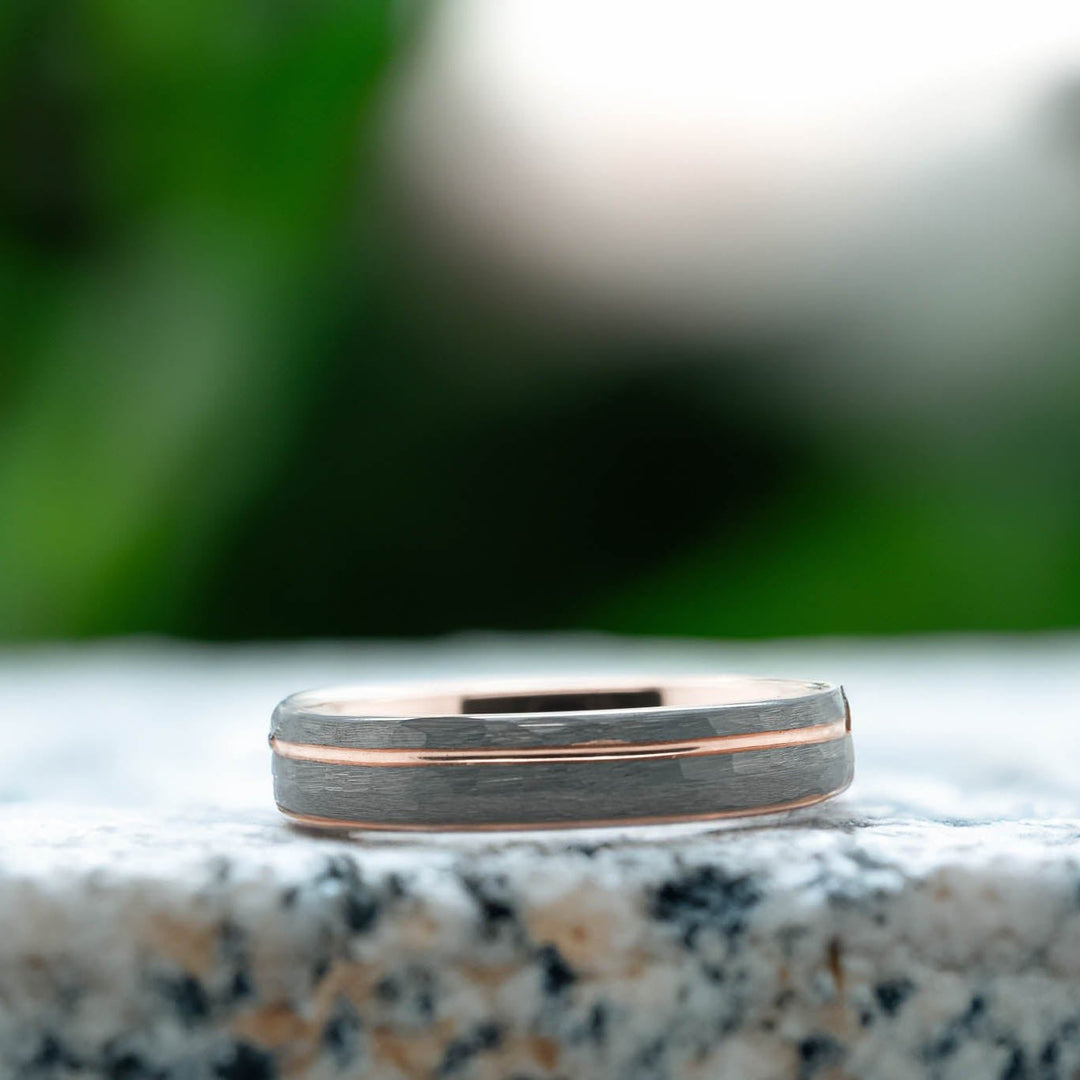 Rounded Hammered Silver Band / Rose Gold Stripe - 4mm