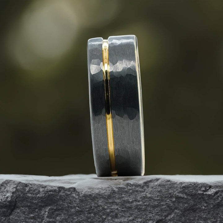 Silver Hammered / Yellow Gold Stripe & Interior - 8mm