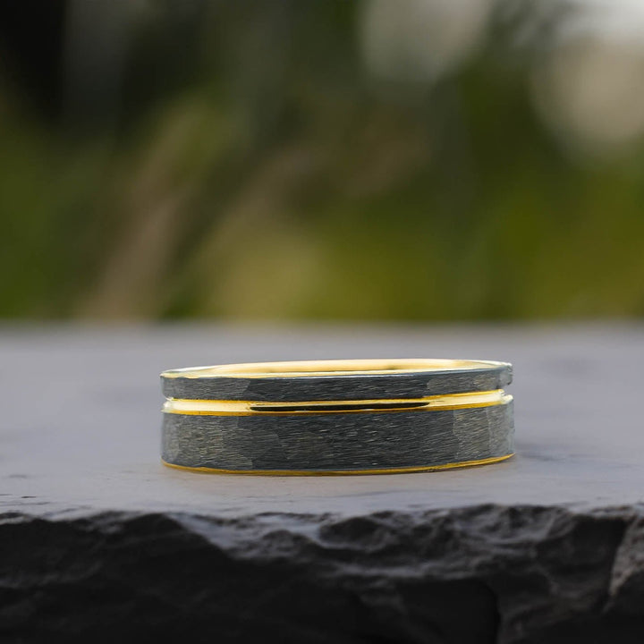 Silver Hammered / Yellow Gold Stripe & Interior - 6mm
