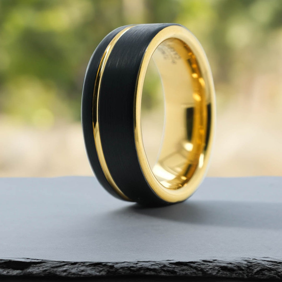 Black Brushed / Yellow Gold Stripe & Interior - 8mm