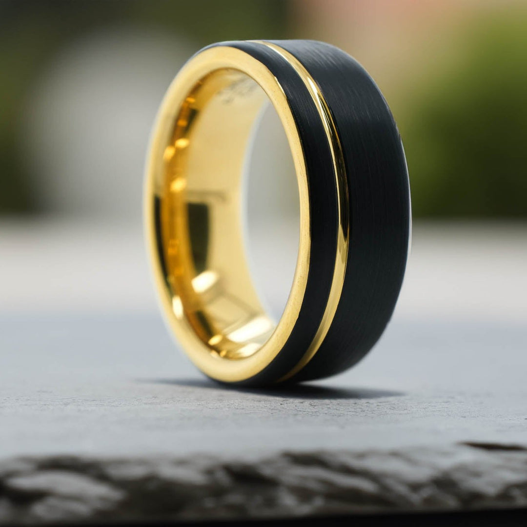 Black Brushed / Yellow Gold Stripe & Interior - 8mm
