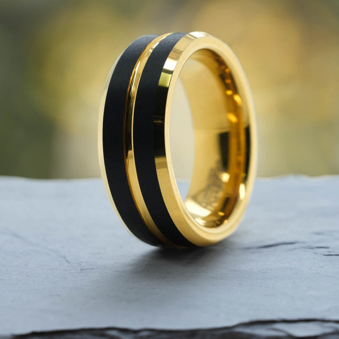 Yellow Gold Polished Band / Black Stripes - 8mm