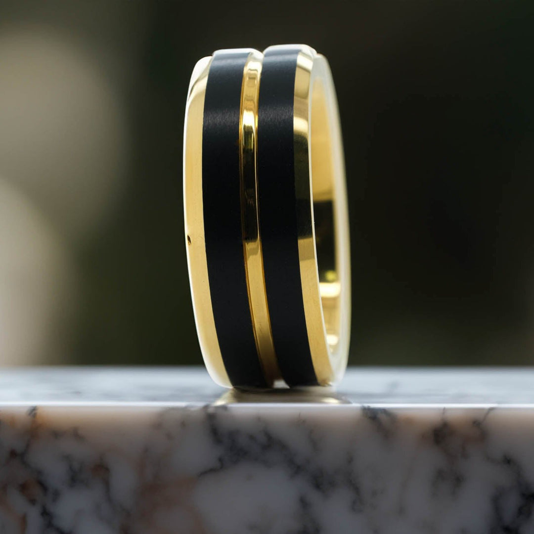 Yellow Gold Polished Band / Black Stripes - 8mm