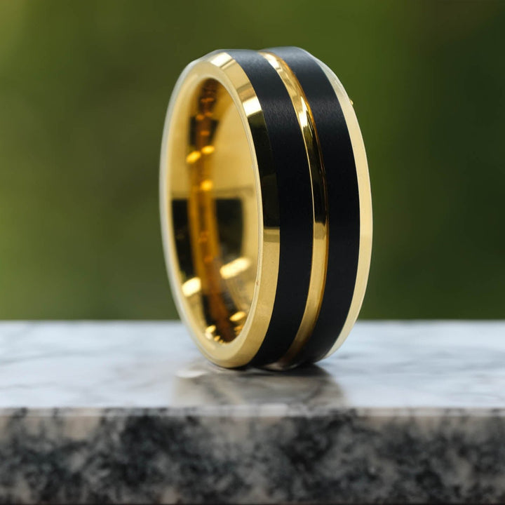Yellow Gold Polished Band / Black Stripes - 8mm