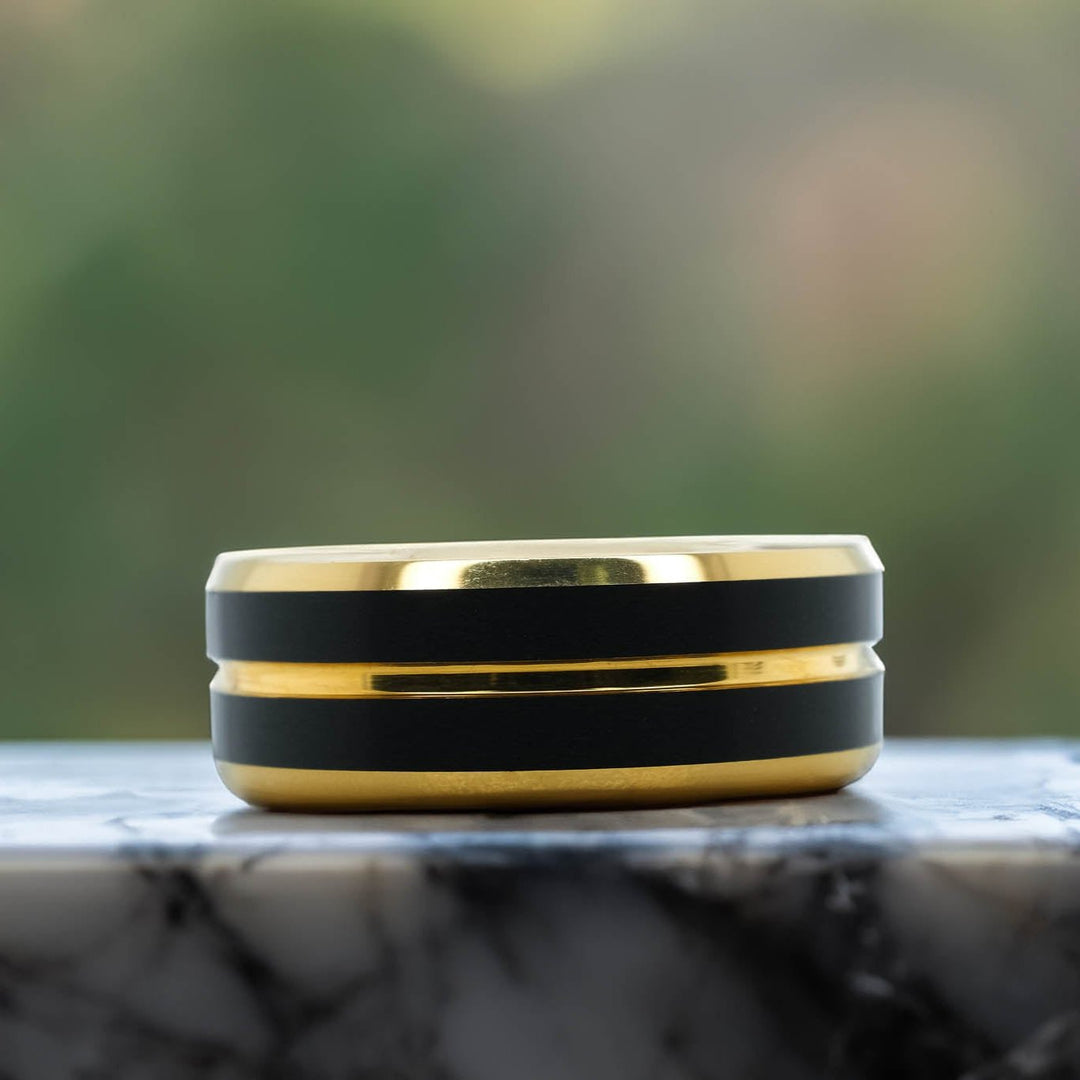 Yellow Gold Polished Band / Black Stripes - 8mm