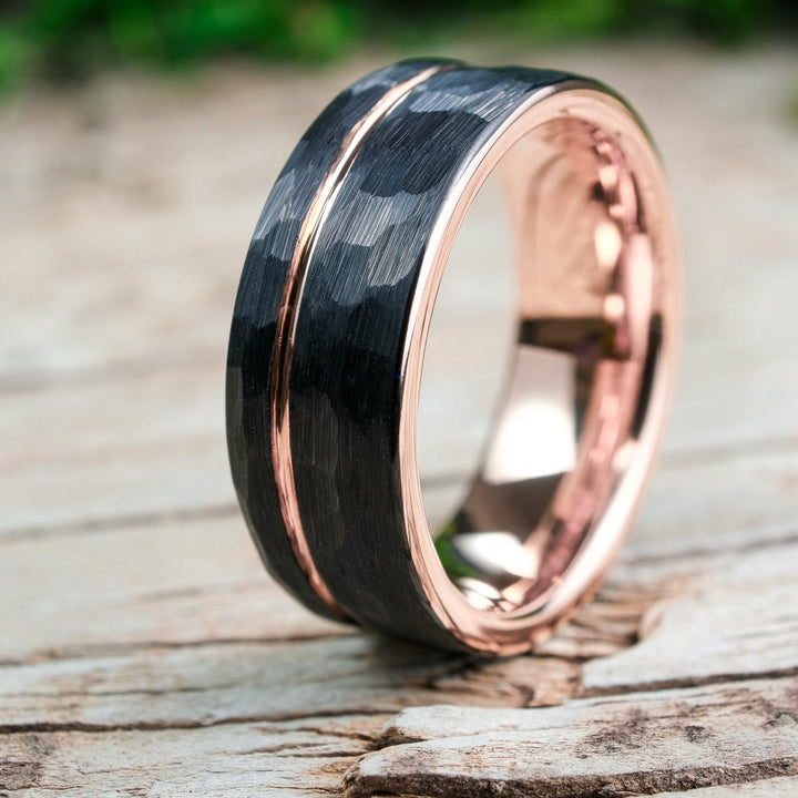 Hammered Black Band / Rose Gold Stripe - 8mm