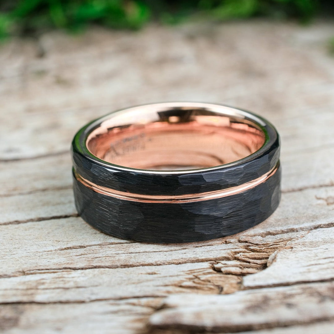 Hammered Black Band / Rose Gold Stripe - 8mm