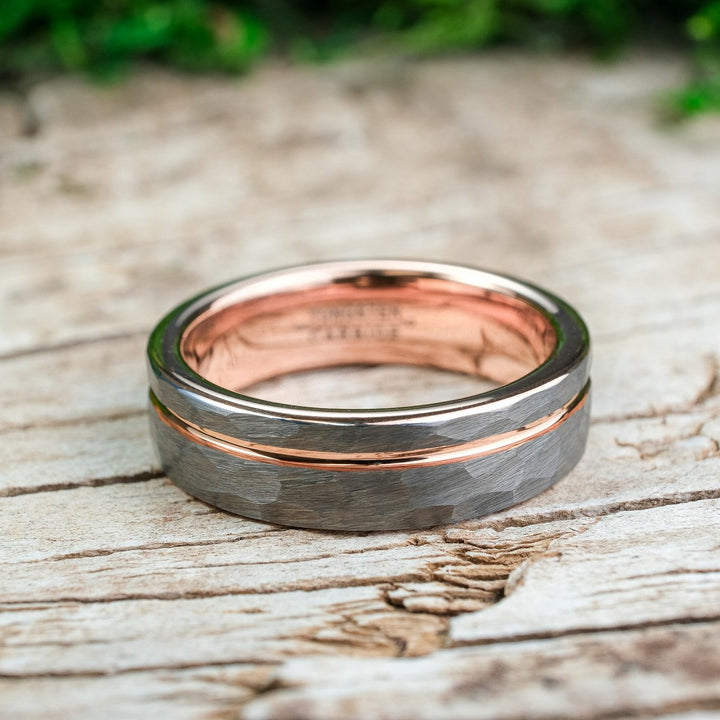 Hammered Silver Band / Rose Gold Stripe - 6mm