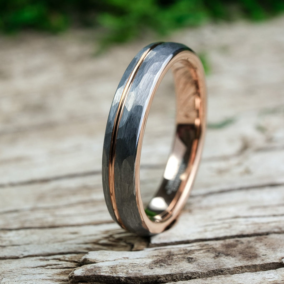 Rounded Hammered Silver Band / Rose Gold Stripe - 4mm