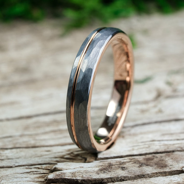 Rounded Hammered Silver Band / Rose Gold Stripe - 4mm