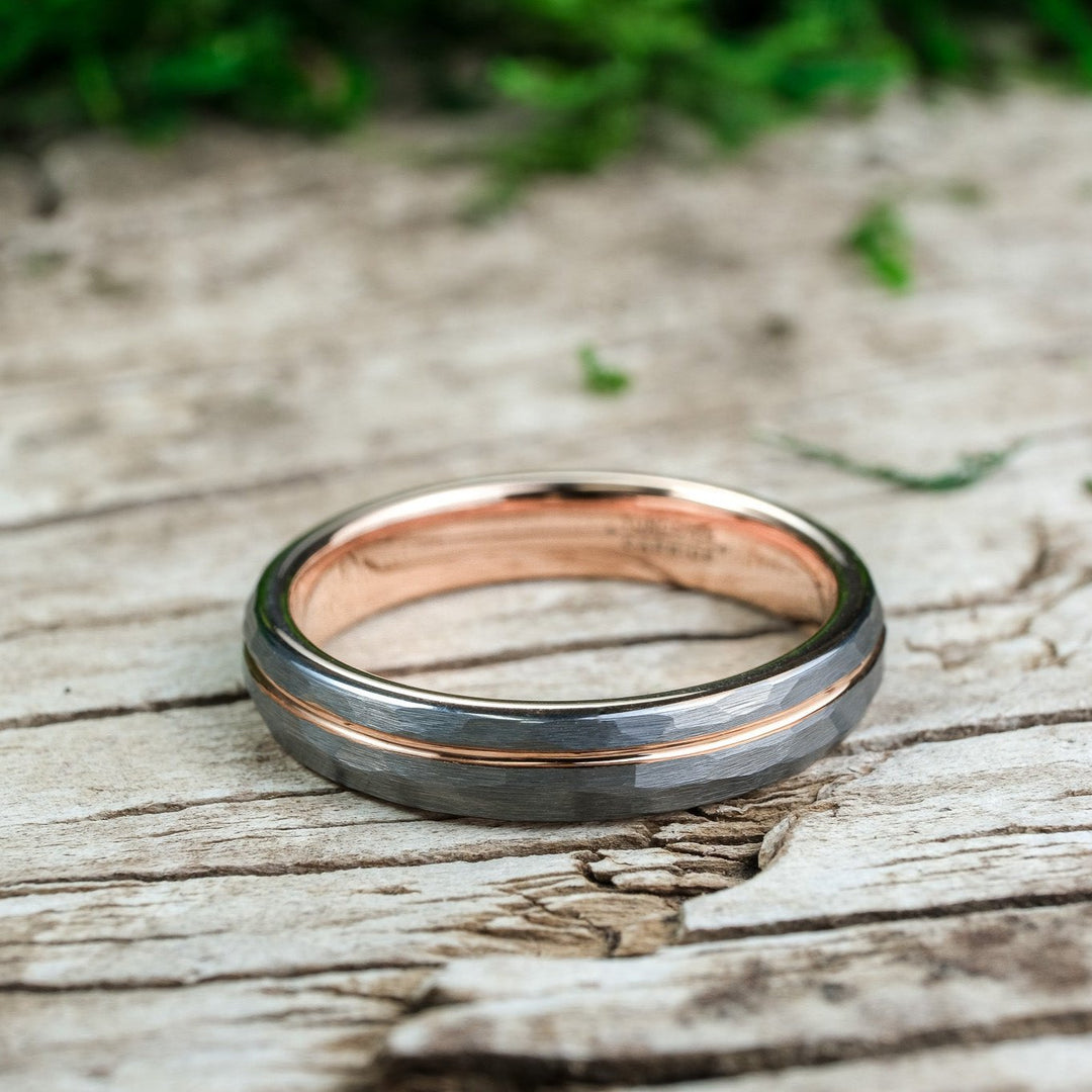 Rounded Hammered Silver Band / Rose Gold Stripe - 4mm