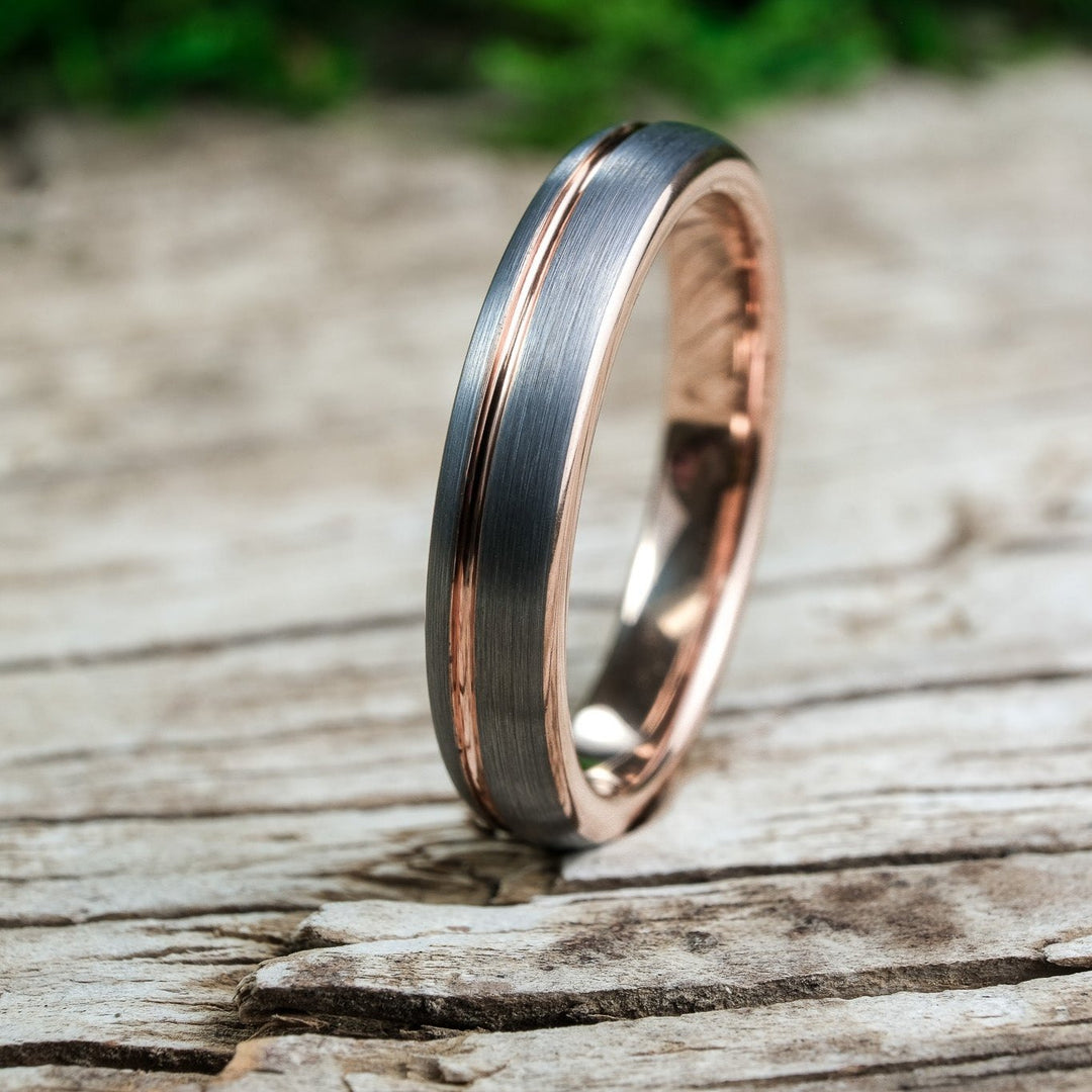Rounded Silver Brushed Band / Rose Gold Stripe - 4mm