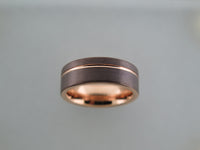 8mm BRUSHED Mocha Brown Tungsten Carbide Unisex Band With Rose Gold* Stripe & Interior