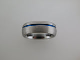 8mm ROUNDED BRUSHED Silver* Tungsten Carbide Unisex Band with Blue Stripe