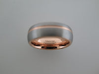 8mm ROUNDED BRUSHED Silver* Tungsten Carbide Unisex Band with Rose Gold* Stripe and Interior