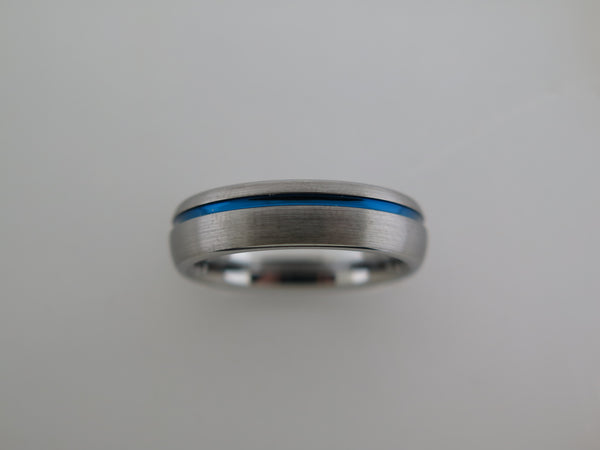 6mm ROUNDED BRUSHED Silver* Tungsten Carbide Unisex Band with Blue Stripe