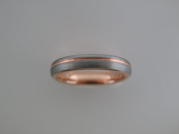 4mm ROUNDED BRUSHED Silver* Tungsten Carbide Unisex Band with Rose Gold* Stripe & Interior