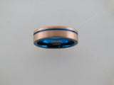 6mm BRUSHED Rose Gold* Tungsten Carbide Unisex Band With Blue Stripe & Interior