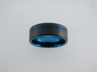 8mm BRUSHED Black Tungsten Carbide Unsex Band with Blue Stripe & Interior