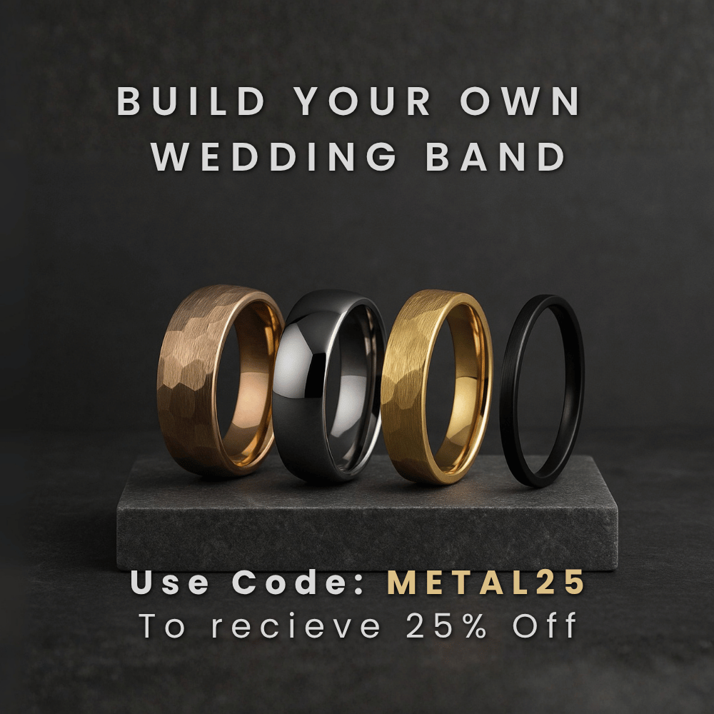 showcasing 4 wedding rings standing up. Rose gold hammered 8mm, silver polished 6mm, yellow gold hammered 4mm and black brushed 2mm.